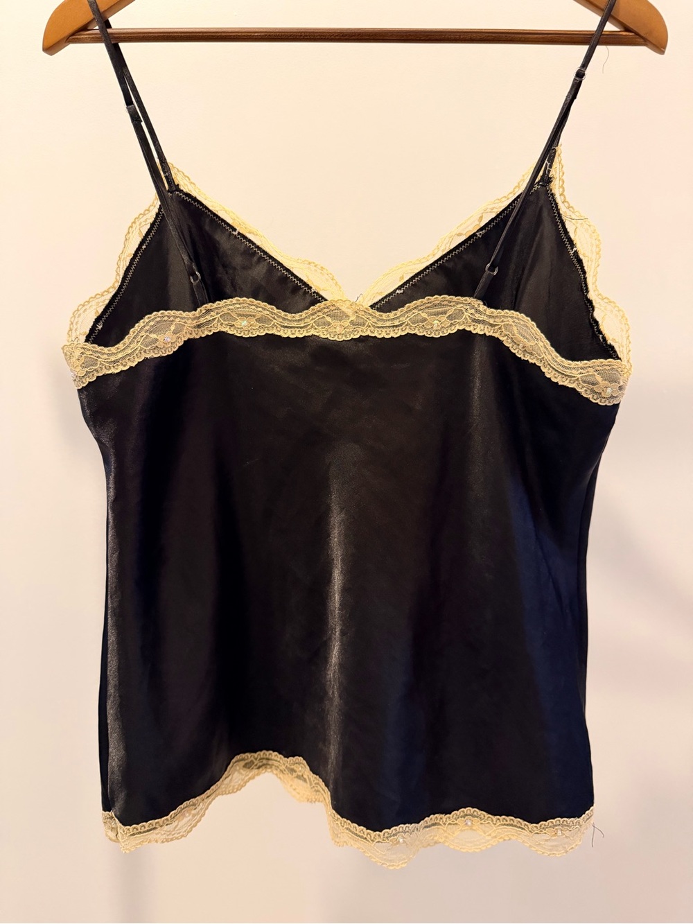 90s/Y2K Black Satin Cami with Cream Lace Trim - Picture 5 of 6